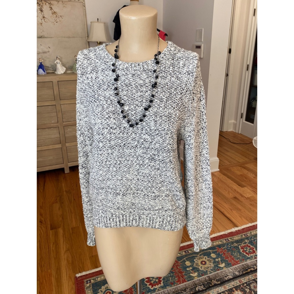 Lands End Vintage Womens Small Cotton Marled Knit Sweater Black White USA Made